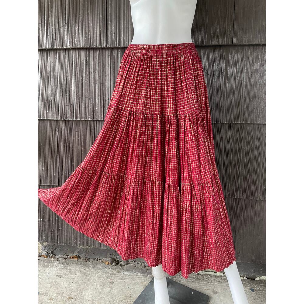 🔥VTG 90s Made In Texas Red Gold Checked Western Bohemian Cottage Maxi Skirt OS